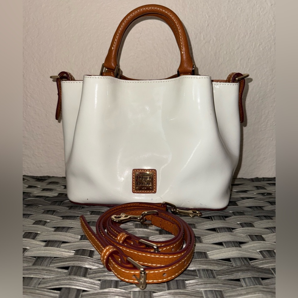 Dooney & Bourke Mini White Patent Leather Satchel Tote with Brown Leather Strap - Picture 17 of 17